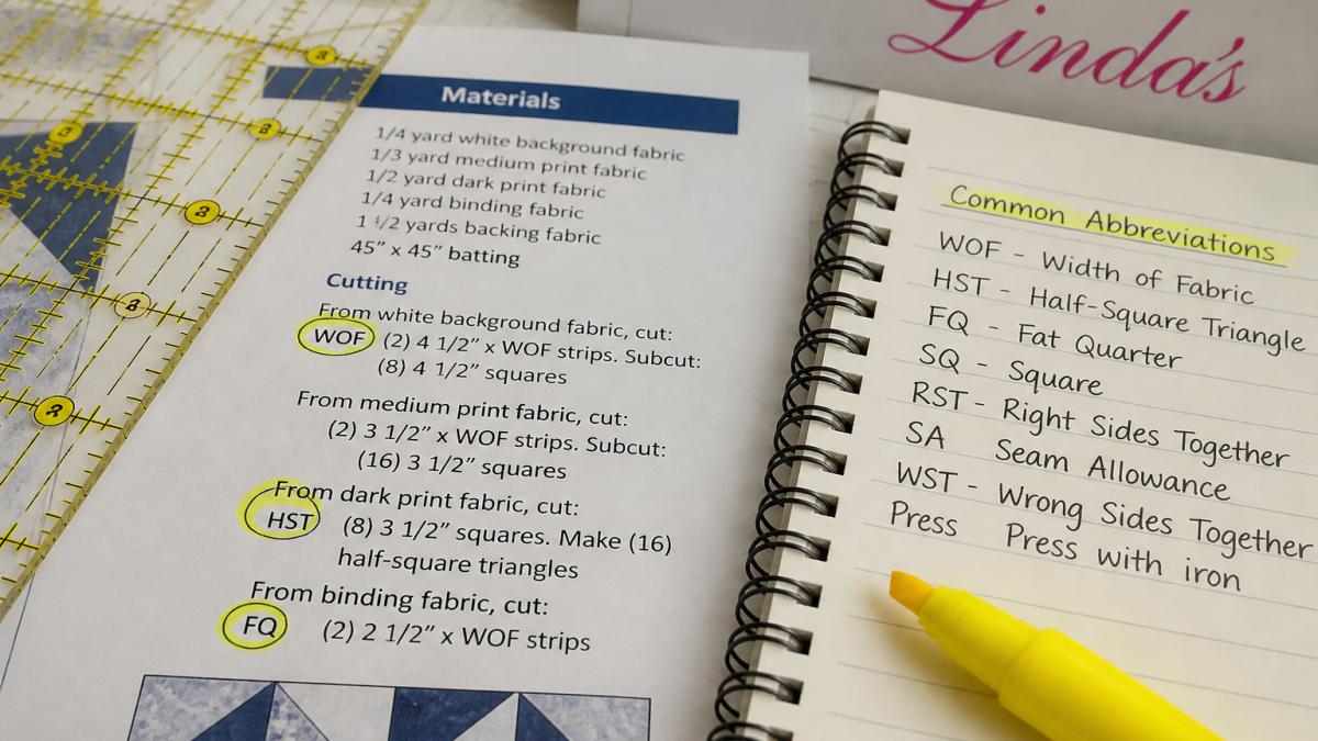 Diagram illustrating quilt pattern abbreviations like WOF, HST, and FQ with a ruler and notebook for reference