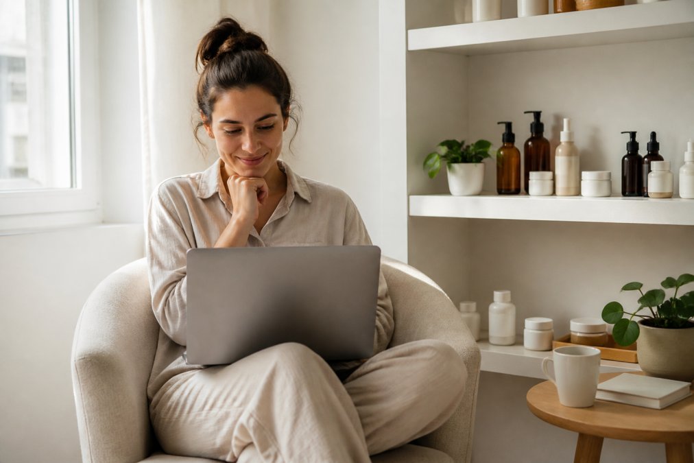 Woman reading beauty reviews on her laptop in a bright, minimalist home setting with skincare products visible on a nearby shelf, natural window lighting illuminating her face