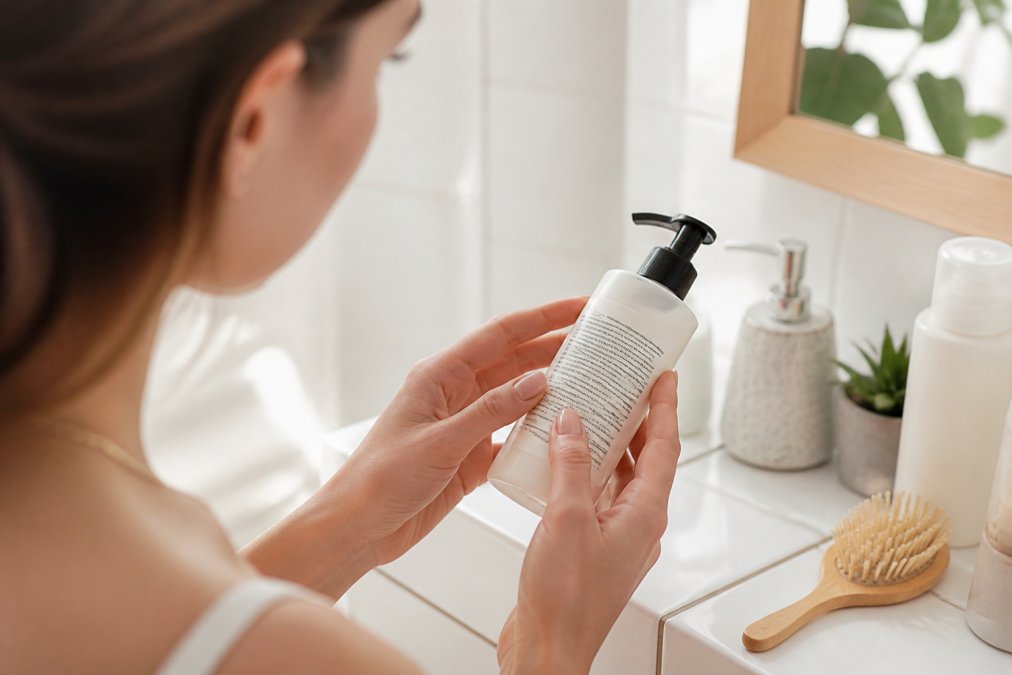 Woman reading the back of a bottle to understand skincare ingredient labels in a bright, sunlit bathroom.