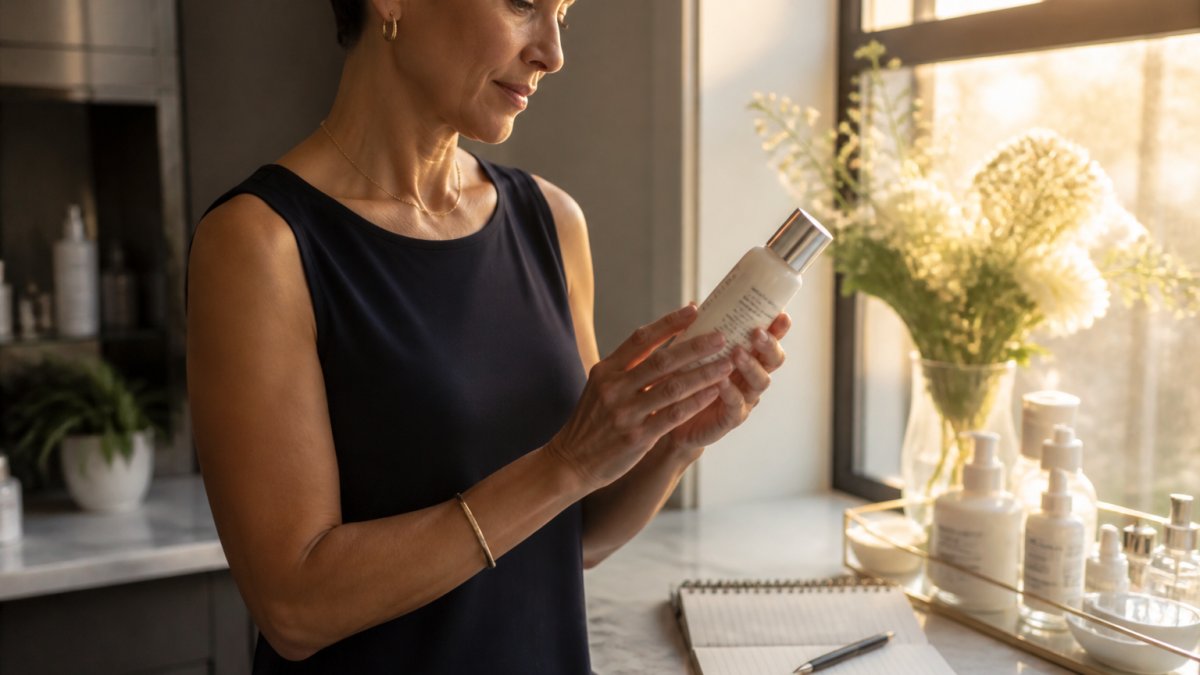 Woman holding a moisturizer bottle to read the ingredient list by a window