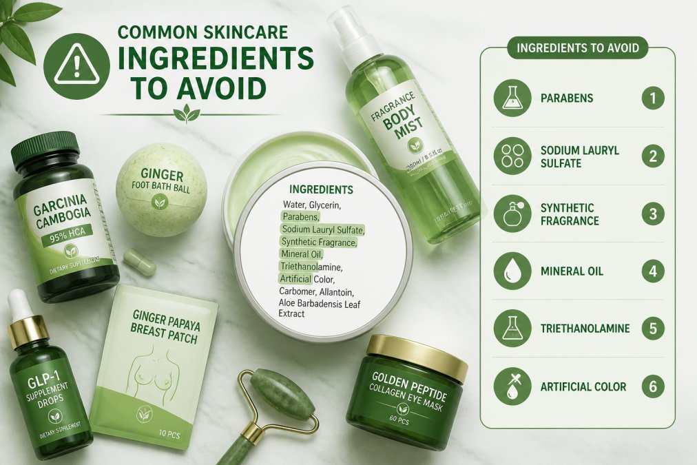 Flat lay of several skincare product containers arranged on a clean white marble surface, with one product open showing its ingredient label facing up under bright studio lighting