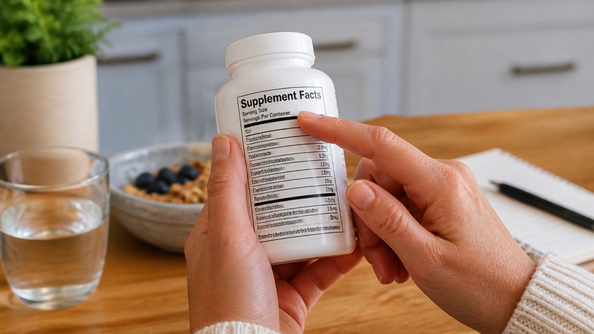 Close-up of a person's hands holding a supplement bottle in a bright kitchen, with the Supplement Facts panel clearly visible and a fingertip resting on the serving size line