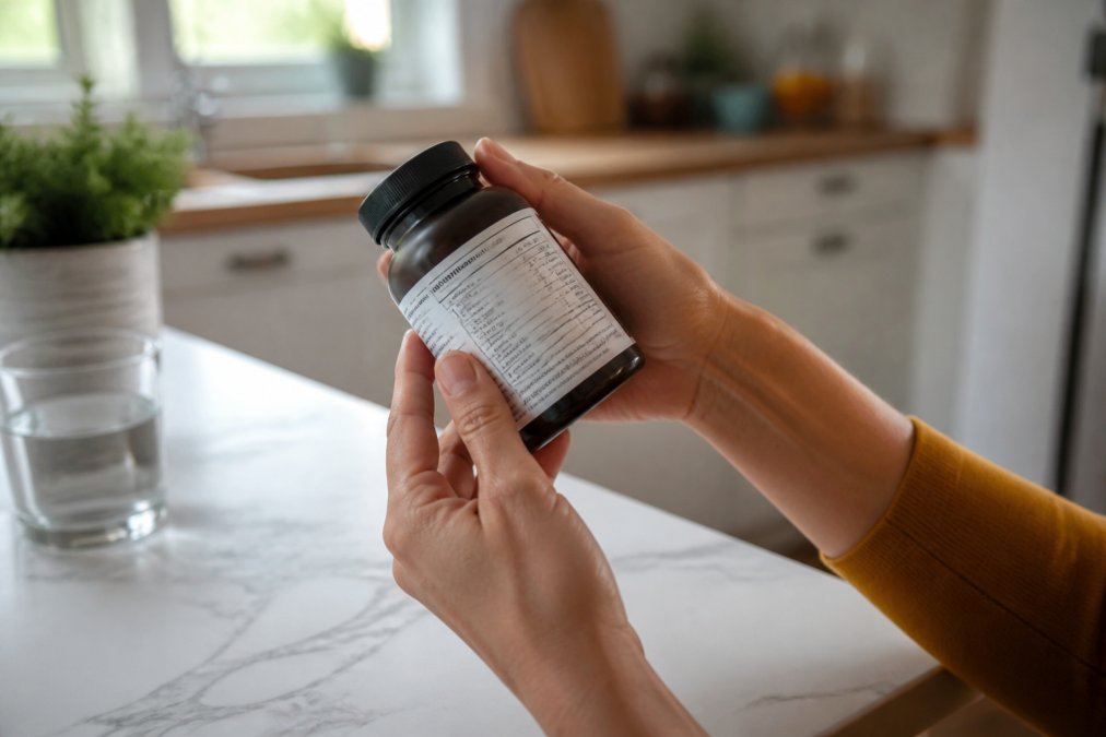 Close-up of a person's hands holding a supplement bottle, turning it to read the ingredient label in a bright kitchen setting