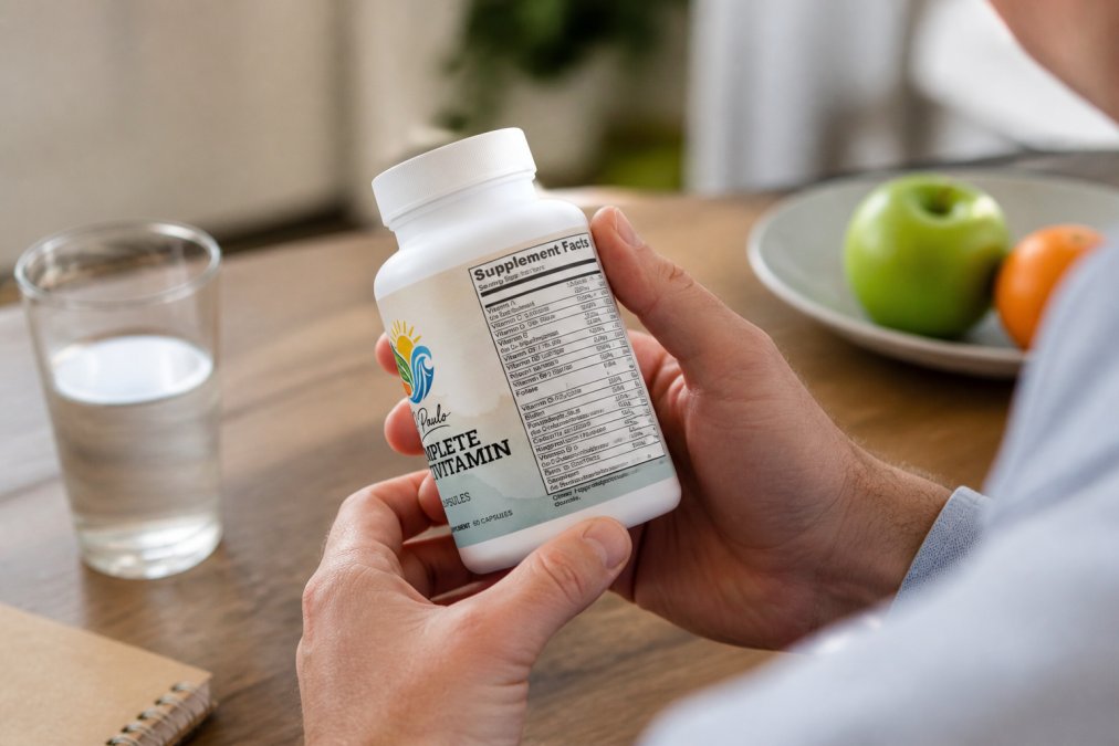 Close-up of hands holding a supplement bottle, examining the Supplement Facts panel with clear label visible under natural lighting