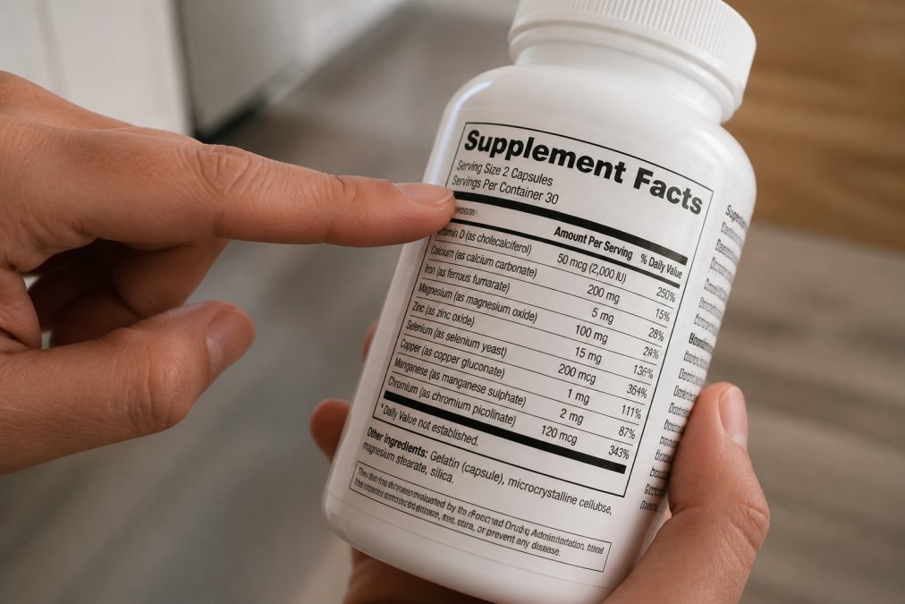 Close-up of a supplement bottle label showing the Supplement Facts panel clearly visible, with a hand pointing to key sections like serving size and daily value percentages