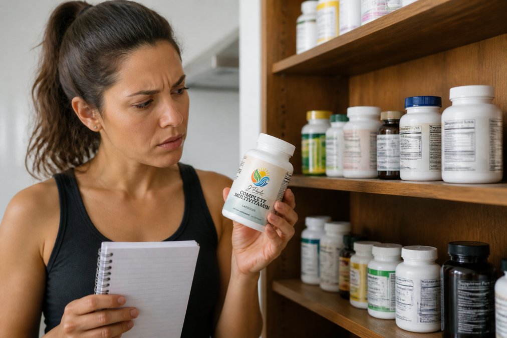 Person examining multiple supplement bottles on a shelf, comparing labels with a skeptical expression and holding a notebook