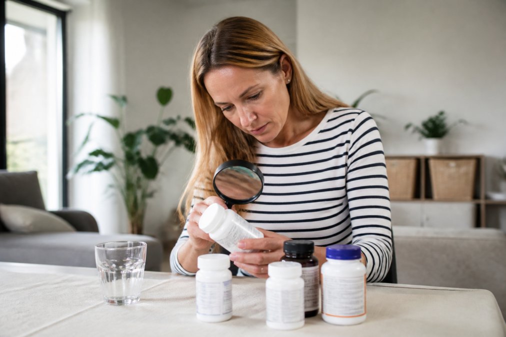 Person in a home setting carefully examining multiple supplement bottles, comparing labels and reading ingredient lists with a magnifying glass on a bright table