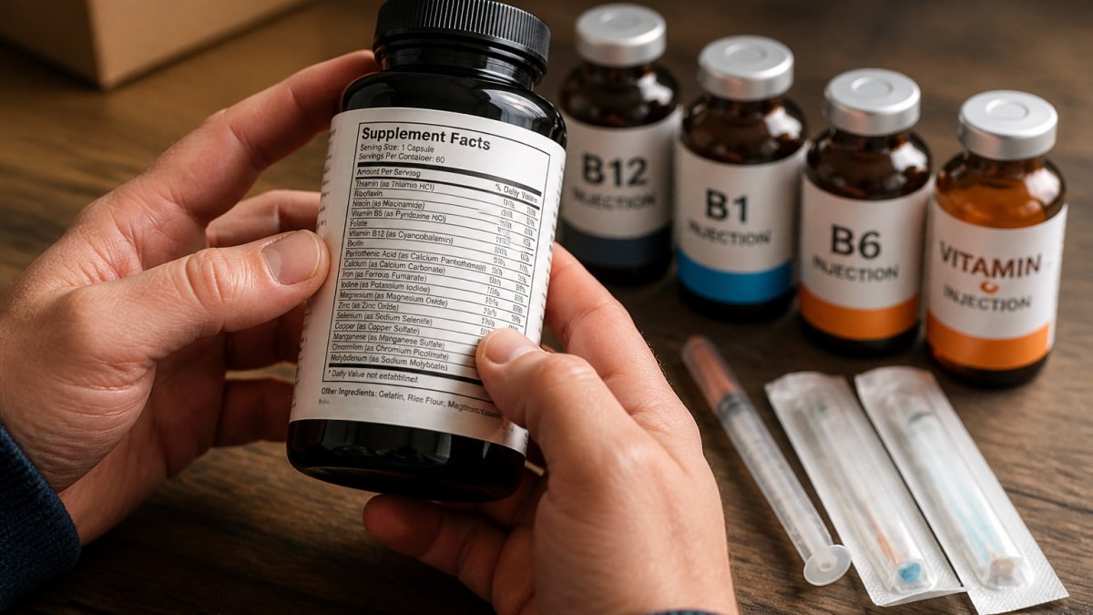 Close-up of hands holding a supplement bottle, examining the Supplement Facts panel with nutrients and serving size clearly visible under natural lighting