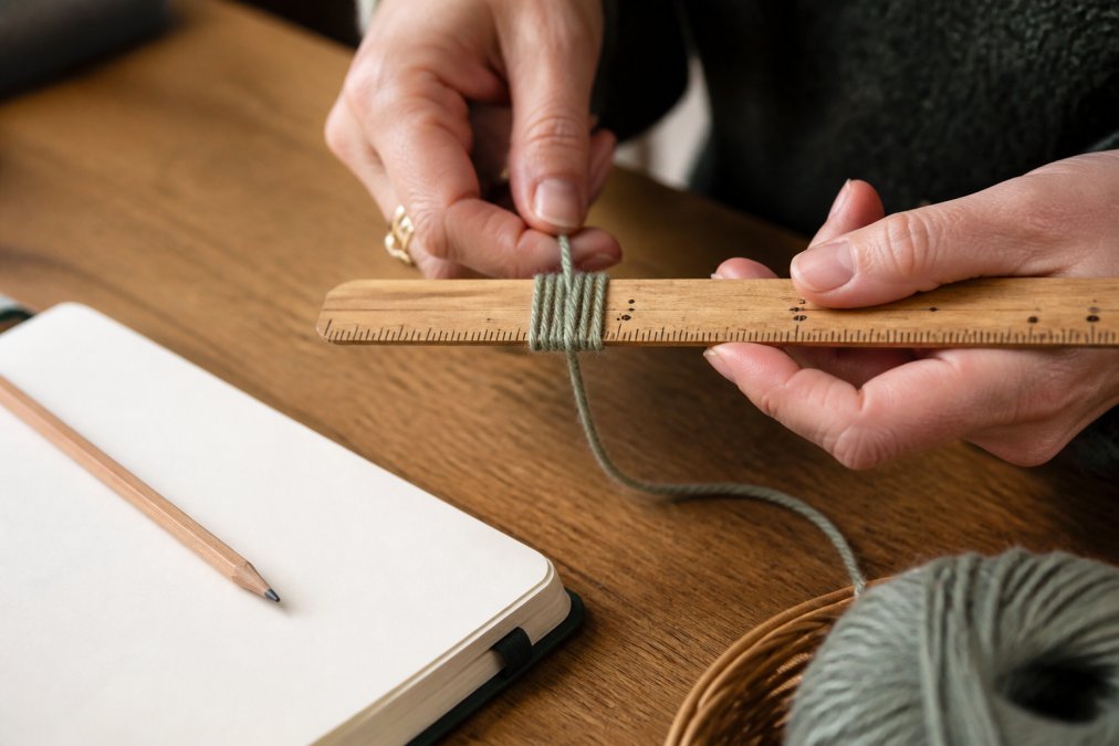 Demonstrating the wraps per inch method for yarn weight charts by wrapping yarn around a wooden ruler.