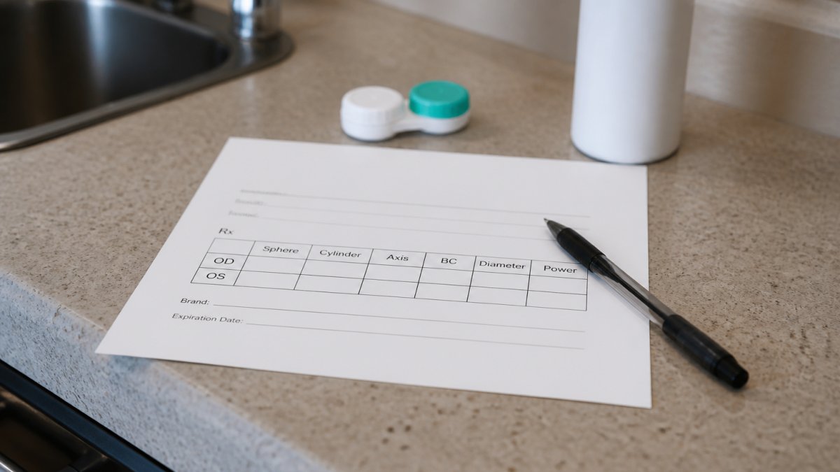 Close-up of a contact lens prescription form on a counter with a pen resting beside it, a contact lens case and solution bottle visible in the background