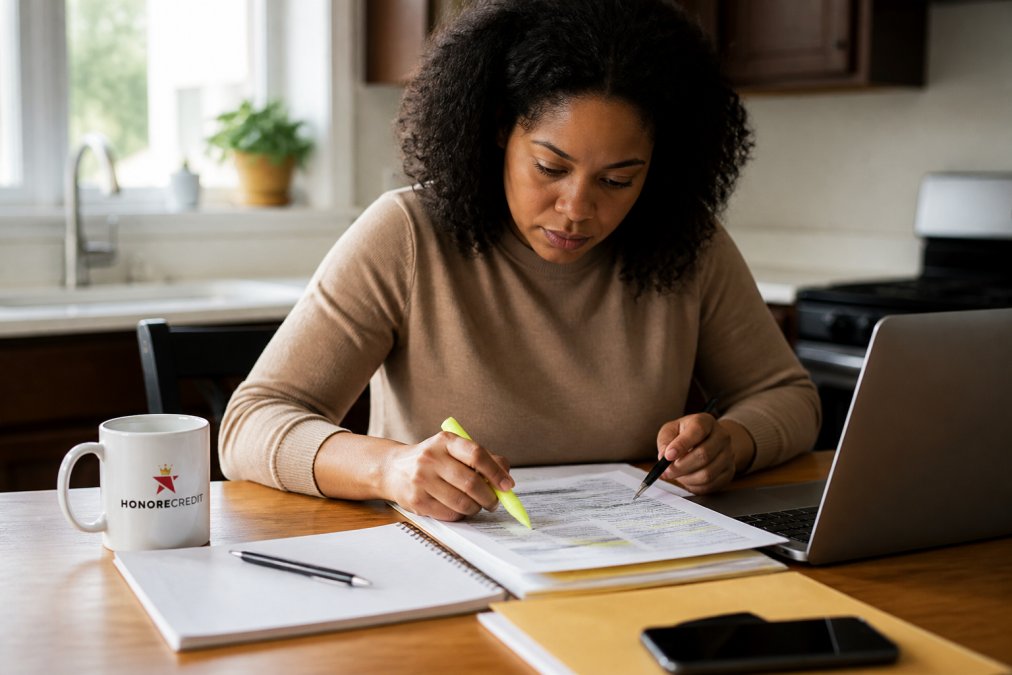 A person sitting at a kitchen table reviewing a printed credit report with a highlighter and pen, laptop open nearby, natural daylight