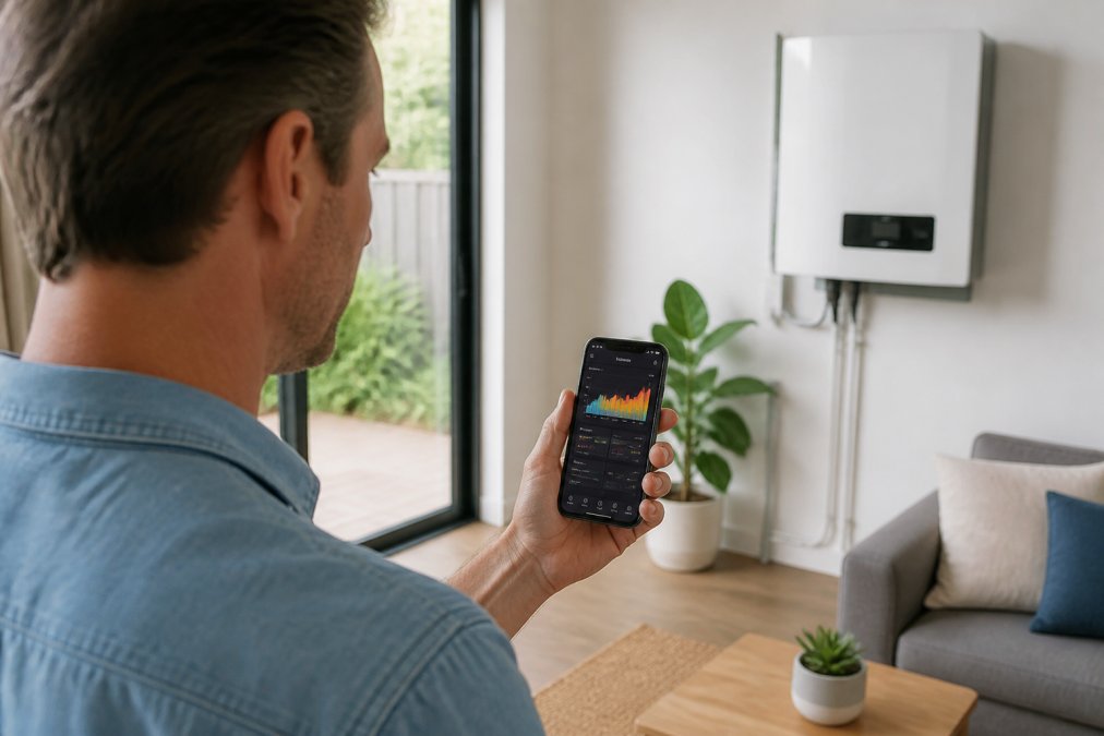A homeowner standing in a bright living room, holding a smartphone that shows a solar monitoring app with colourful energy graphs, while a wall-mounted inverter is visible in the background