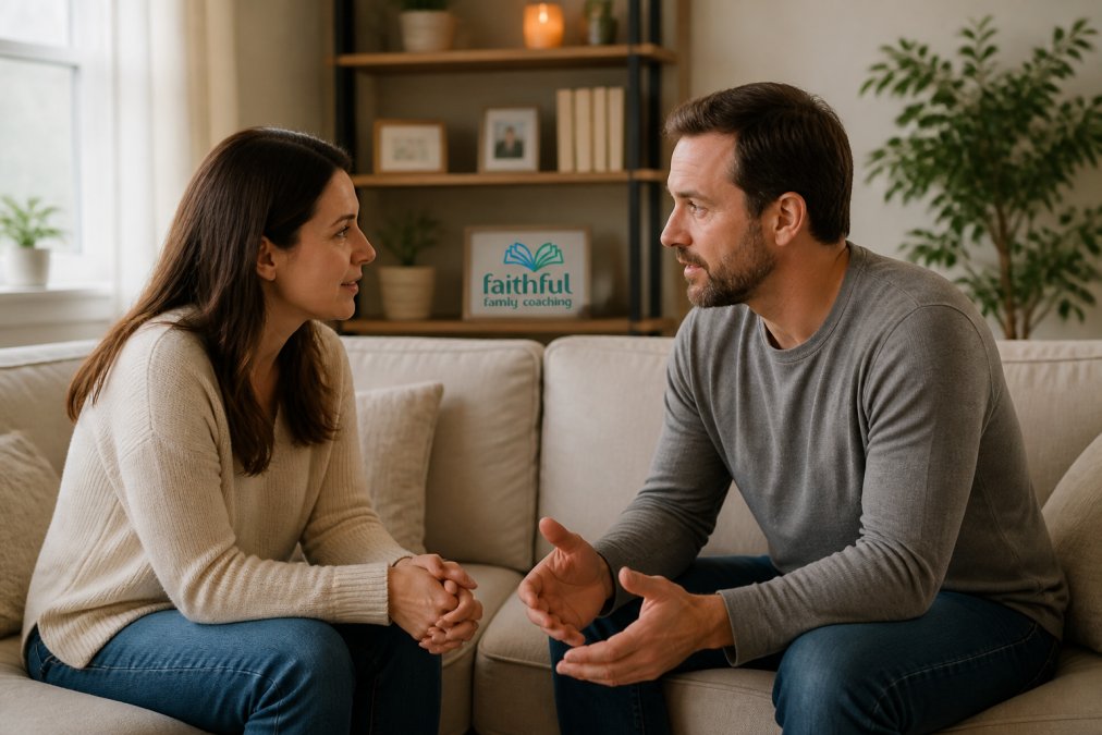 A couple sitting face-to-face on a couch in a warm, comfortable living room with soft natural lighting, making eye contact with engaged, open body language while having a serious conversation
