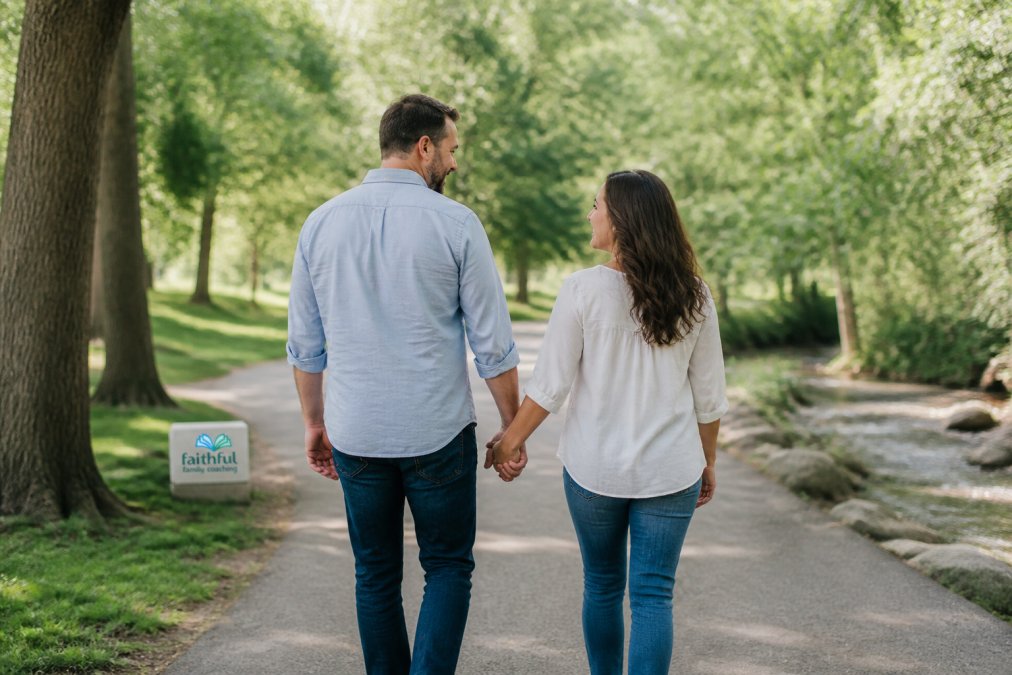 A couple holding hands while walking together outdoors in natural daylight, showing physical closeness and togetherness with trees and green scenery in the background