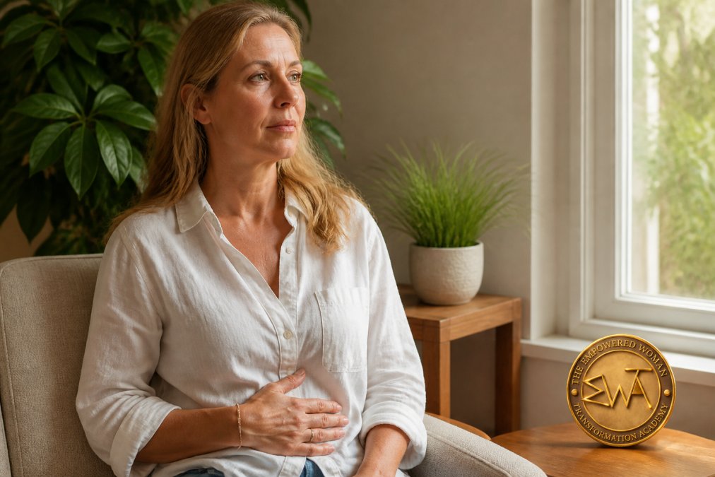 A woman sitting quietly, hand on her stomach, looking thoughtful and introspective as she checks in with her body in natural afternoon light by a window
