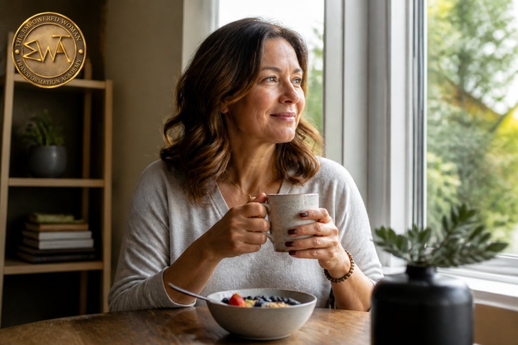 A woman in a calm, peaceful setting by a large window with natural light, sitting with a relaxed posture and a gentle expression, embodying ease and self-compassion