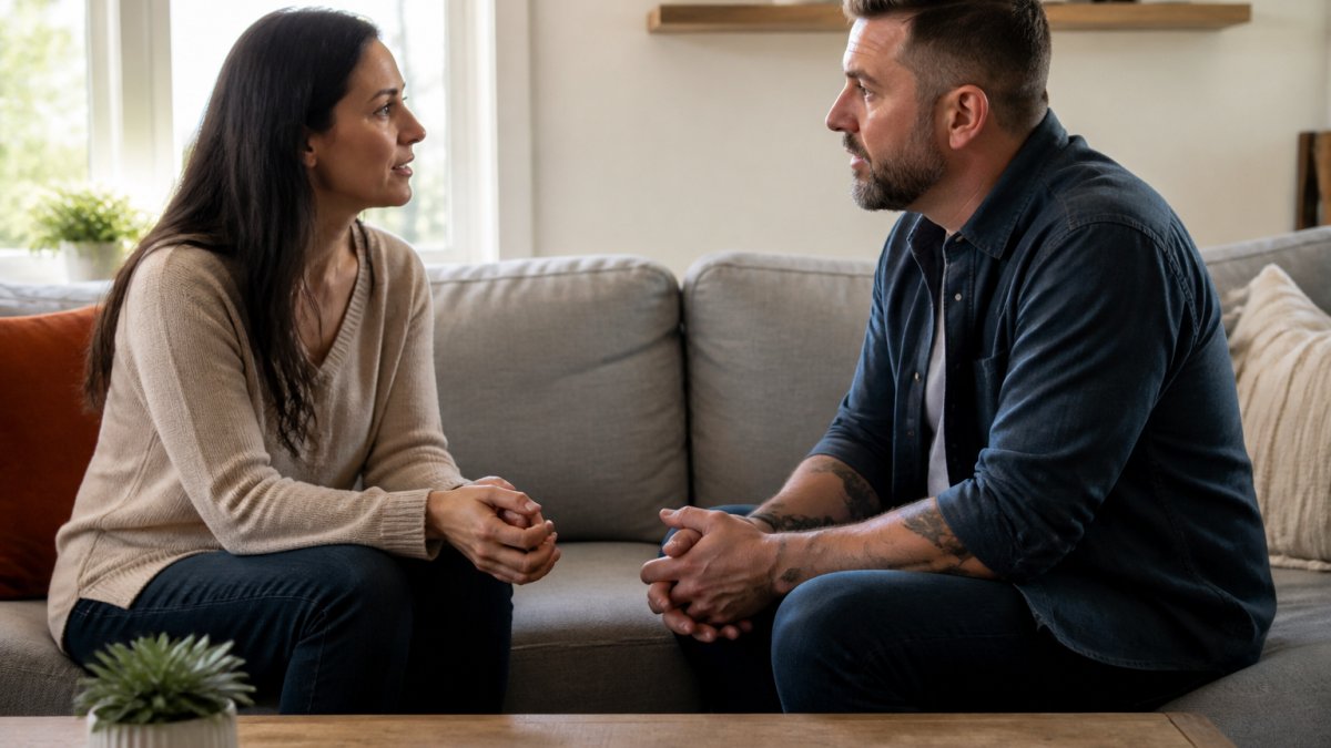 Two people sitting in a sunlit room having an honest conversation to rebuild trust after addiction.