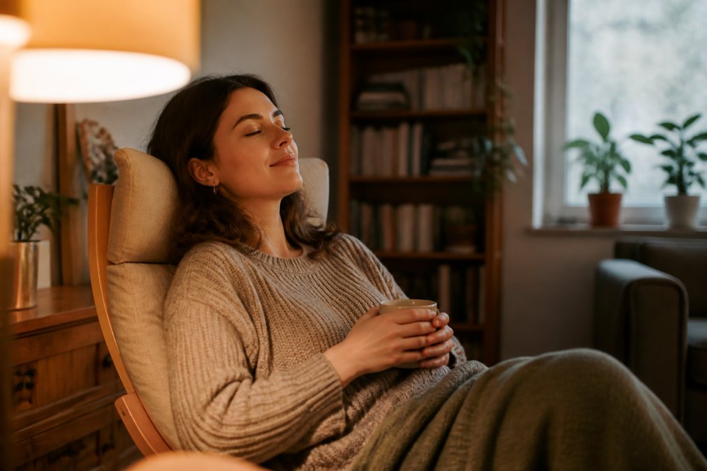 Person sitting alone in a quiet, softly lit room with warm lighting, relaxed on a comfortable chair with closed eyes and peaceful expression, recovering after social interaction