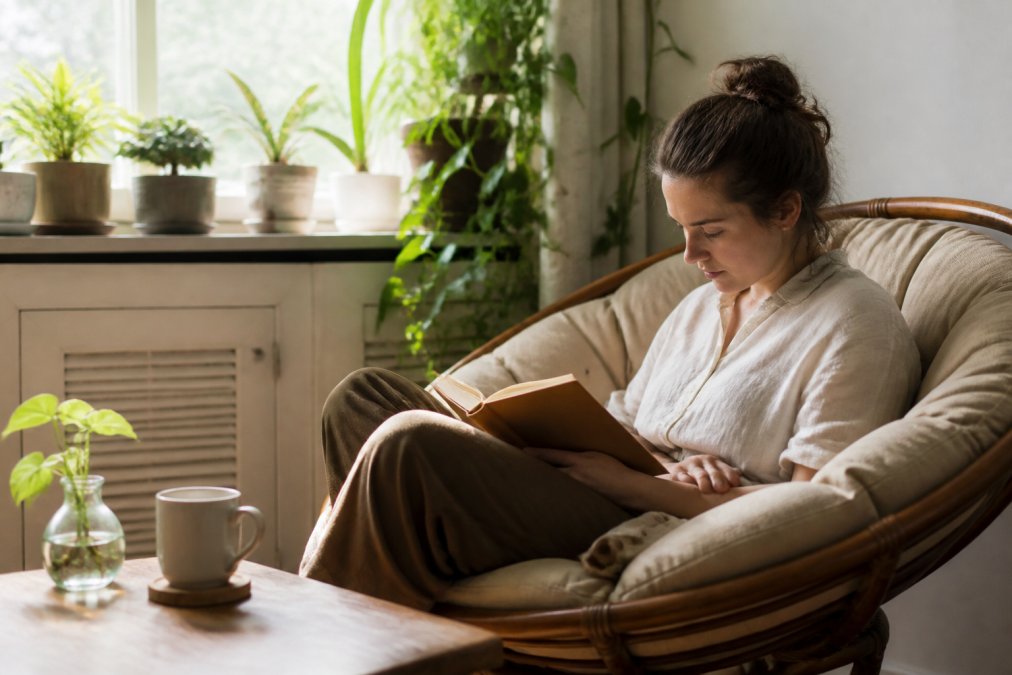 Person engaged in journaling or reading in a calm personal space with plants, soft natural lighting, and peaceful surroundings showing restorative solitude