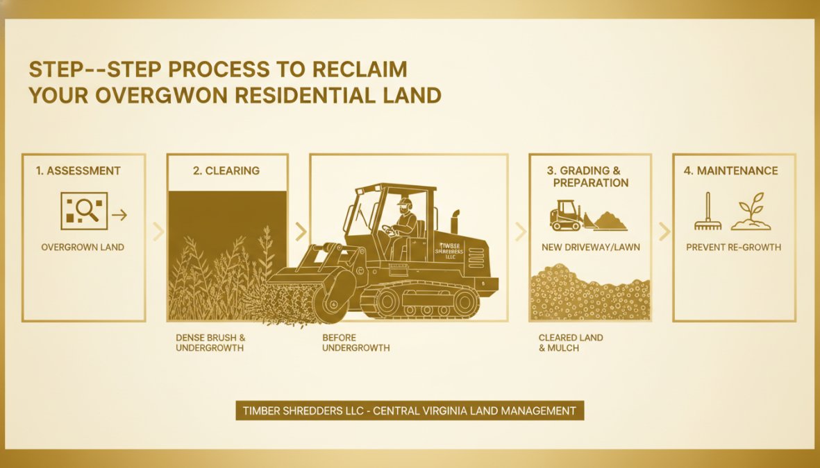 Professional land clearing operator using forestry mulching equipment on overgrown residential property, grinding dense brush and undergrowth into mulch, with cleared areas visible in background under bright daylight