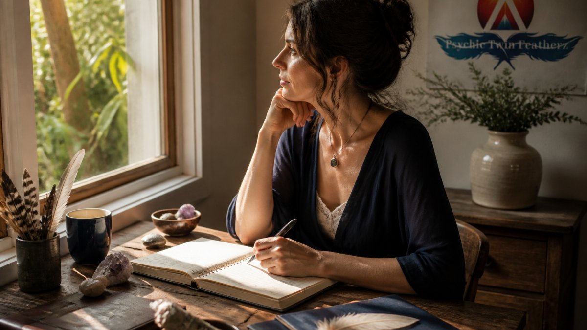 How to Recognise Signs, Synchronicities and Coincidences 1 Woman sitting quietly with journal and pen, reflecting thoughtfully with natural light from a window, creating a calm introspective moment