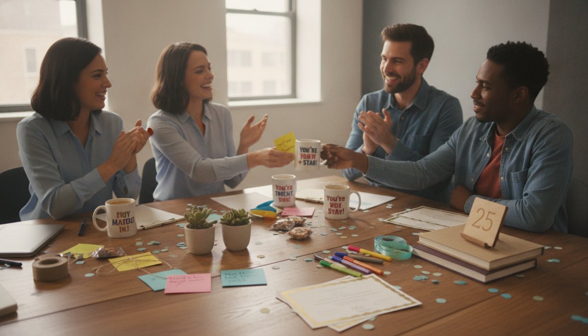 A diverse team gathered around a desk, celebrating together with handwritten recognition notes visible, small tokens of appreciation, and genuine smiles in a bright office setting
