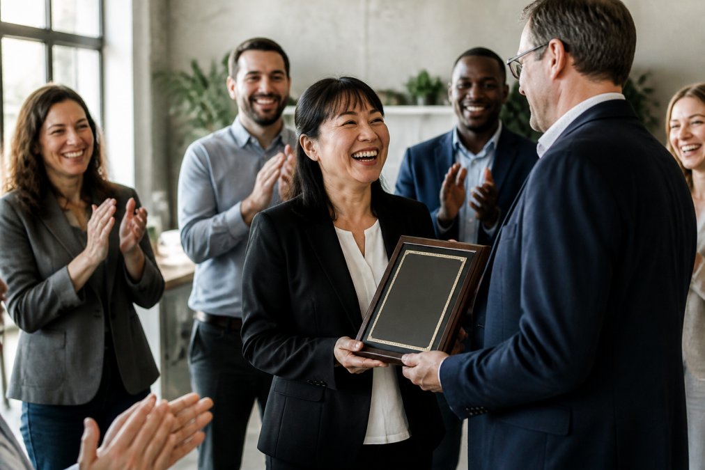Group of employees gathered around a colleague receiving a framed service award plaque at a company recognition event, with colleagues smiling and applauding in the background, natural office lighting