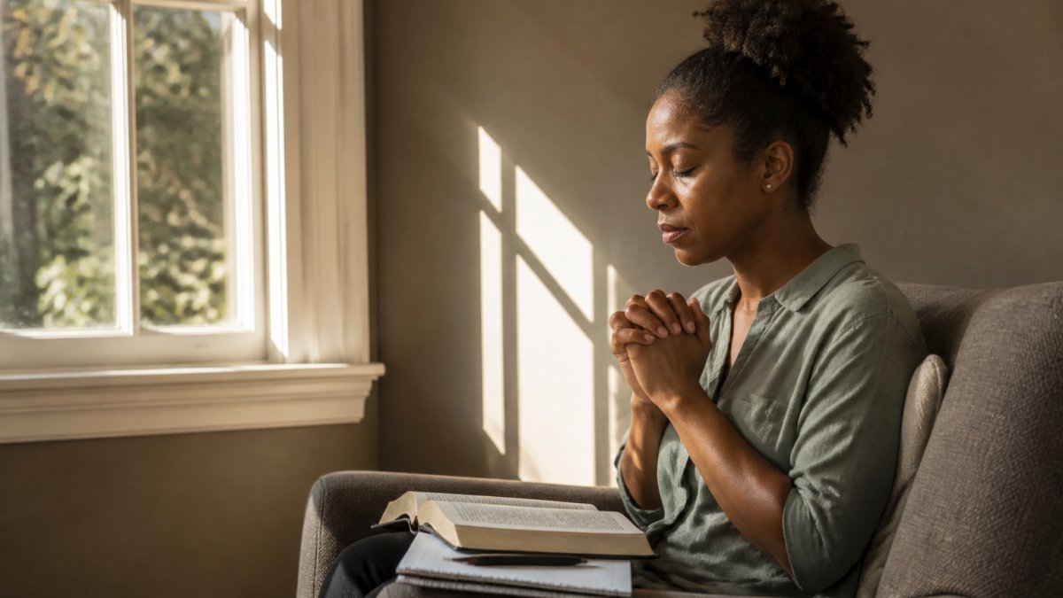 Person sitting peacefully in a quiet space with a Bible and journal on lap, hands folded in prayer, natural morning light streaming through a window, suggesting a moment of spiritual reflection and calm