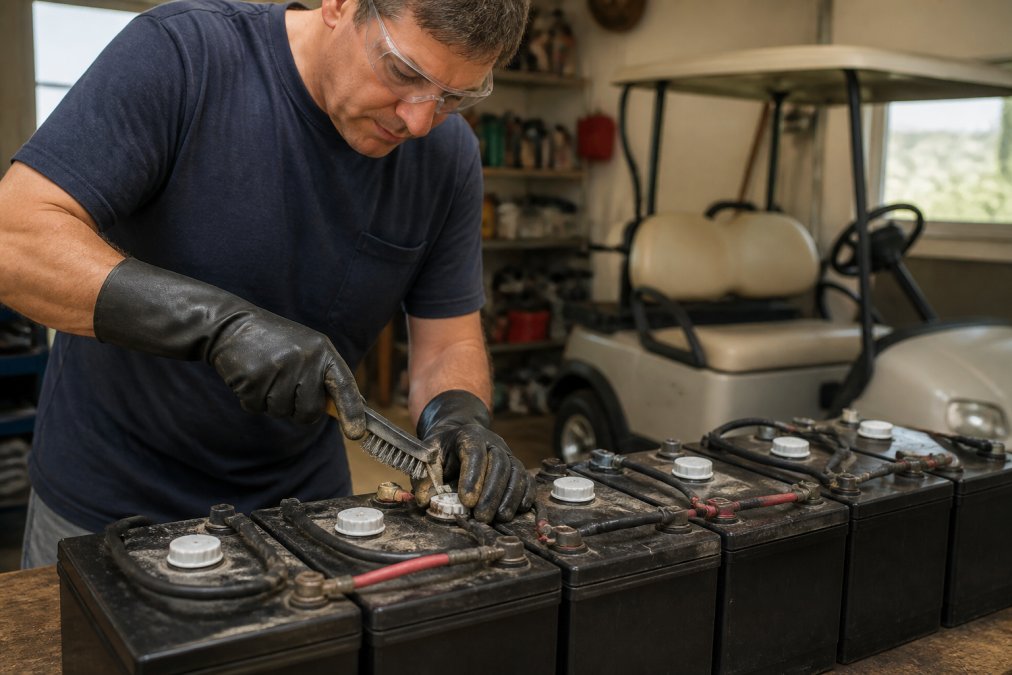 A person wearing safety goggles and rubber gloves cleaning golf cart battery terminals with a wire brush in a well-lit garage, batteries connected in a row on a wooden workbench