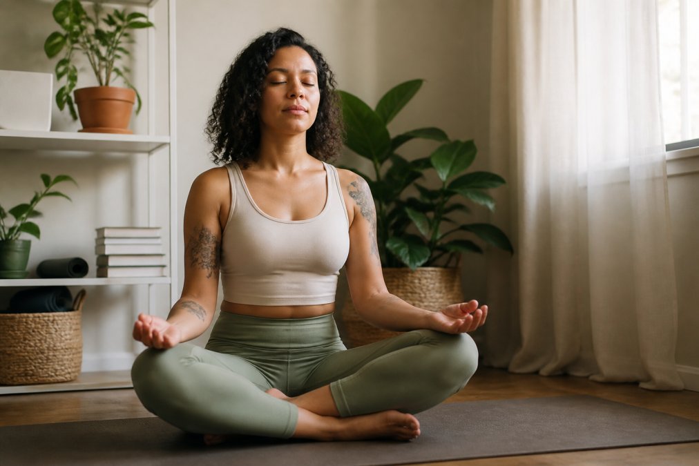 A person sitting cross-legged on a yoga mat in a softly lit room, eyes closed, hands resting open and gently on their knees in a calm, meditative posture, warm afternoon light filtering through sheer curtains