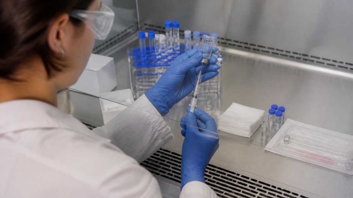Researcher using aseptic technique to reconstitute lyophilized peptides inside a sterile biosafety cabinet.