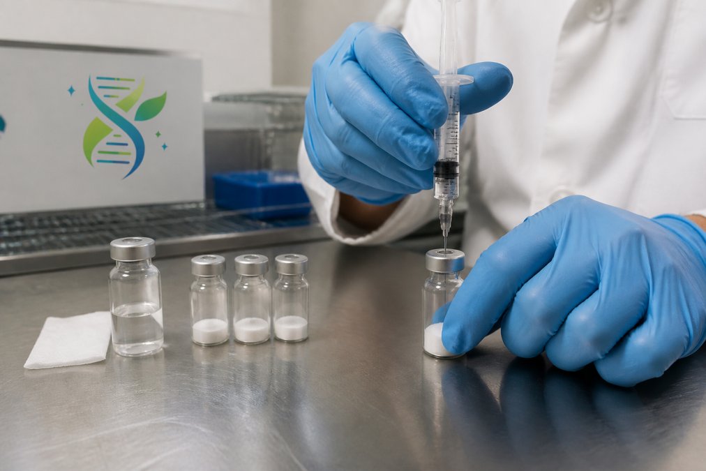 A gloved researcher in a bright laboratory carefully inserting a syringe needle through the rubber stopper of a small glass vial, with an alcohol swab, bacteriostatic water vial, and peptide vials arranged on a clean stainless steel bench