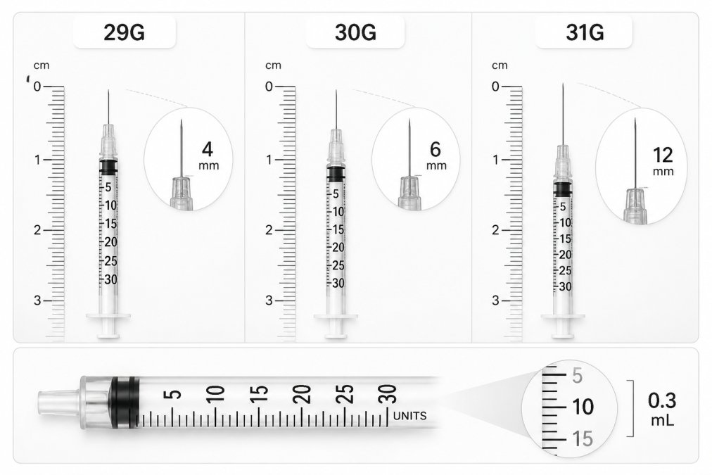 Comparison of insulin syringe gauges and needle lengths used to reconstitute research peptides safely.