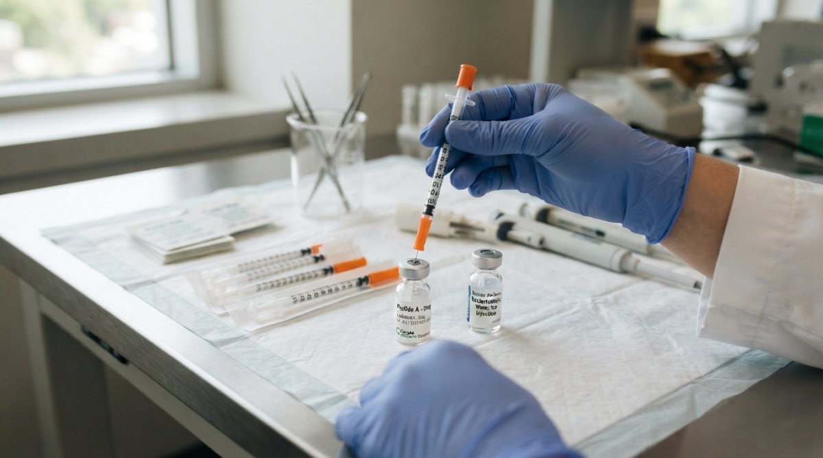 Close-up of researcher's gloved hands holding a lyophilized peptide vial over a sterile workspace with insulin syringe, bacteriostatic water bottle, alcohol prep pads, and rubber stopper clearly visible under bright laboratory lighting