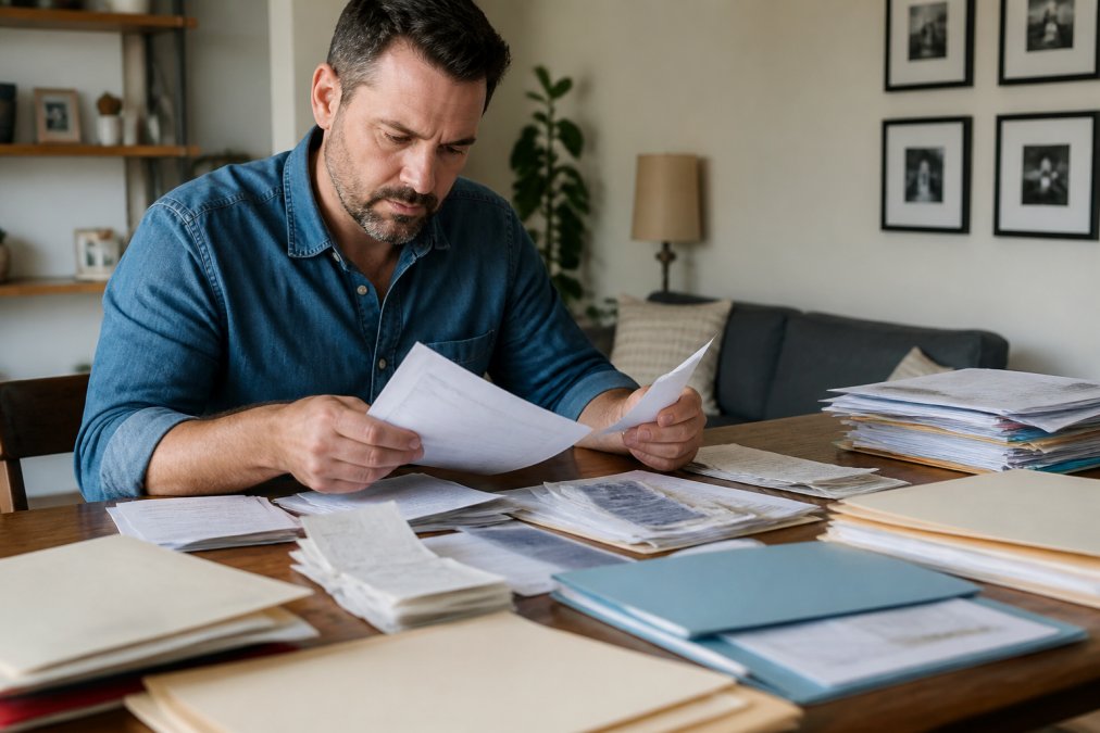 Business owner organizing financial documents and receipts to reconstruct missing tax records on a desk.