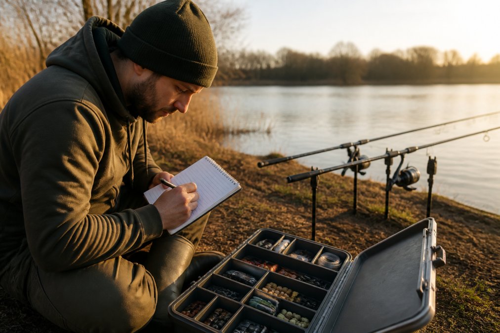 Angler noting measurements for record carp fishing rigs in a tackle box at the waterside during early morning.
