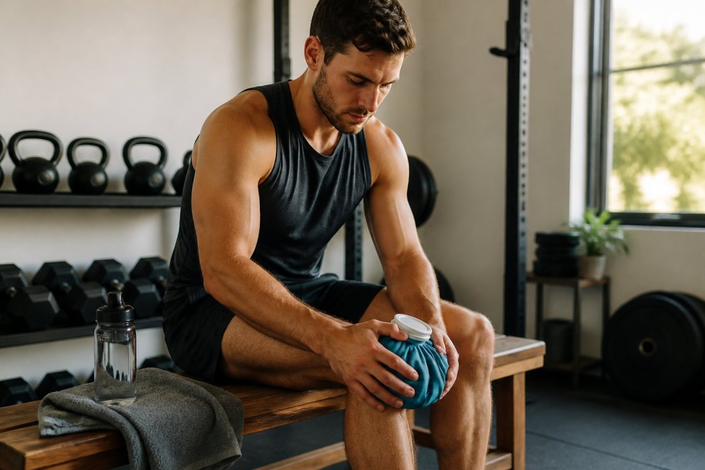 An athlete sitting on a wooden bench in a home gym wrapping an ice pack around their knee after a workout, with a water bottle and towel nearby in soft natural light