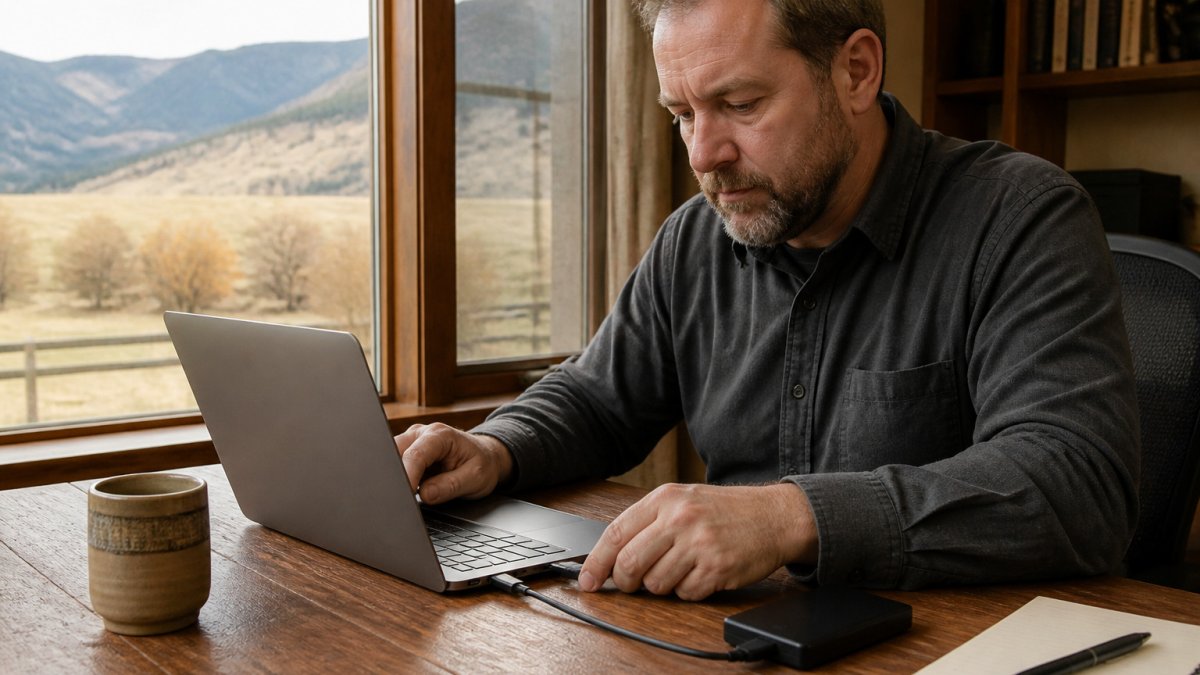 Person connecting a crashed hard drive to a laptop at a wooden home office desk with coffee nearby