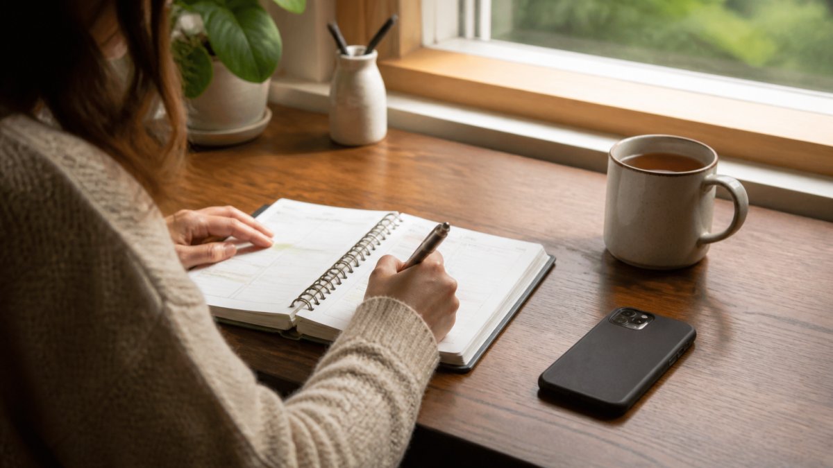 A person writing in a paper planner at a tidy desk near a window, with a mug of tea and a phone placed face-down nearby