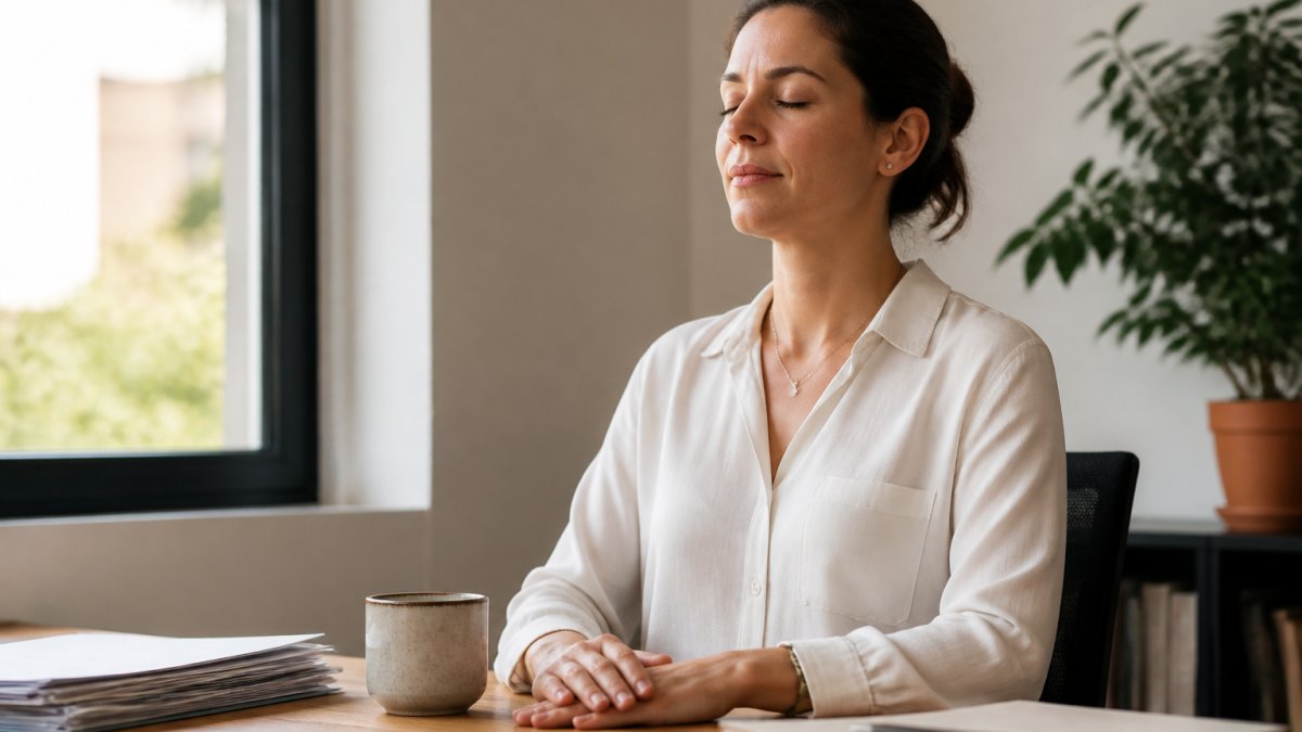 Professional taking a mindful break with tea at their desk to help learn how to recover from burnout while still working.