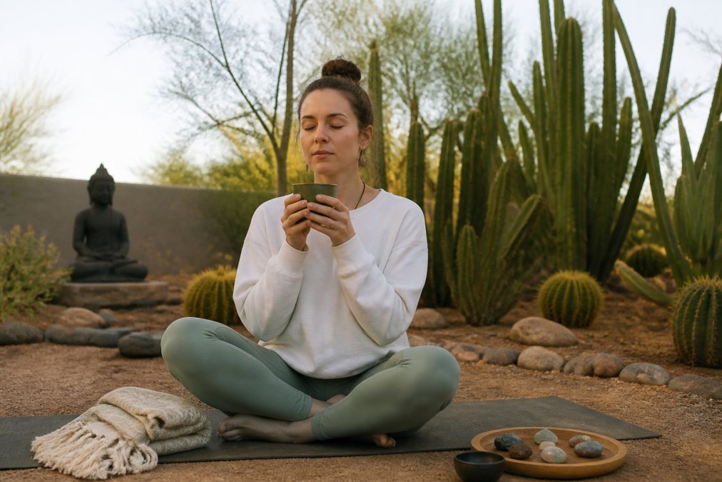 A woman sitting peacefully on a yoga mat in a sunlit desert sanctuary, holding a cup of tea with her eyes closed, embodying calm recovery