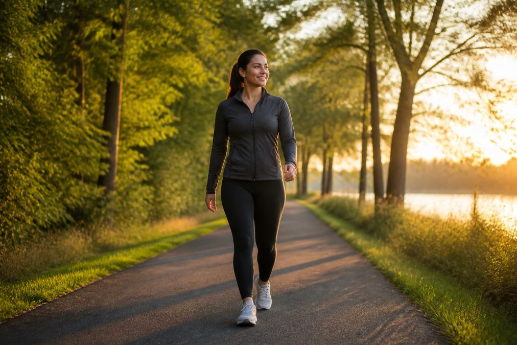 Fit person in athletic wear walking outdoors on a tree-lined path during golden hour, demonstrating comfortable, sustainable movement with relaxed posture
