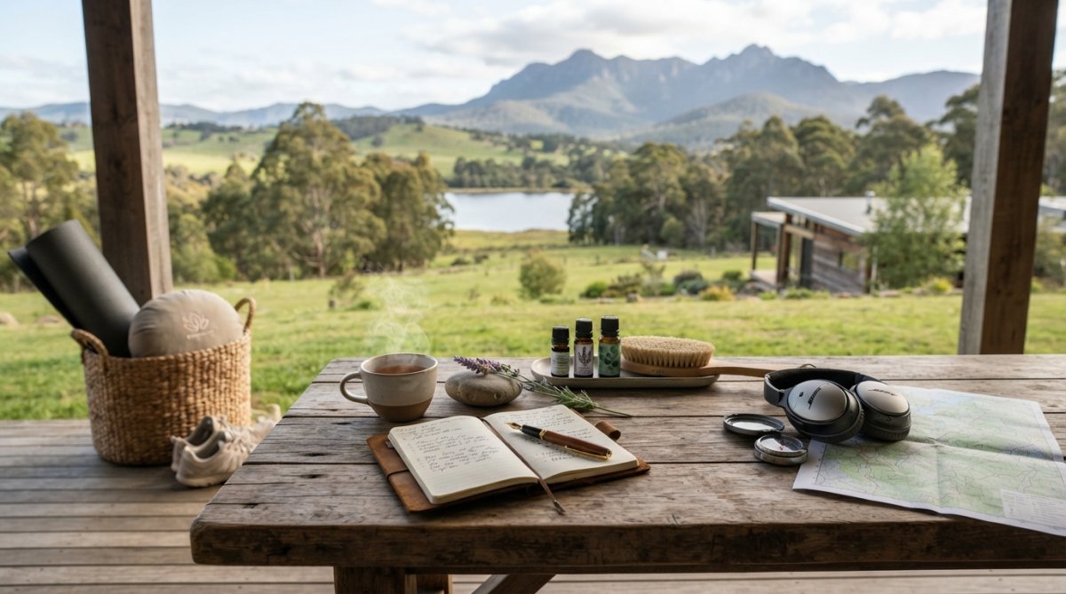 Calm executive sitting peacefully outdoors in natural setting with eyes closed, practicing breathing exercises, serene landscape and soft natural lighting in background