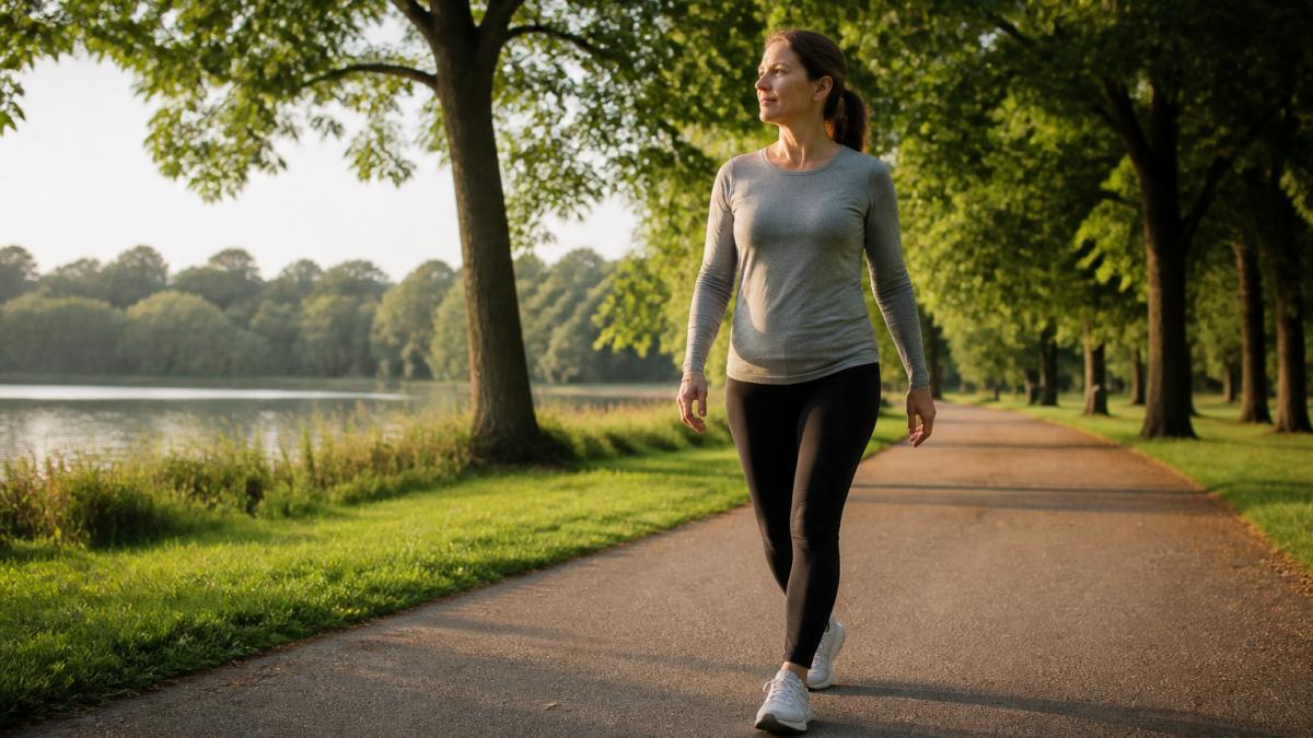 Person performing gentle walking outdoors in calm natural setting, demonstrating active cool-down movement with relaxed posture