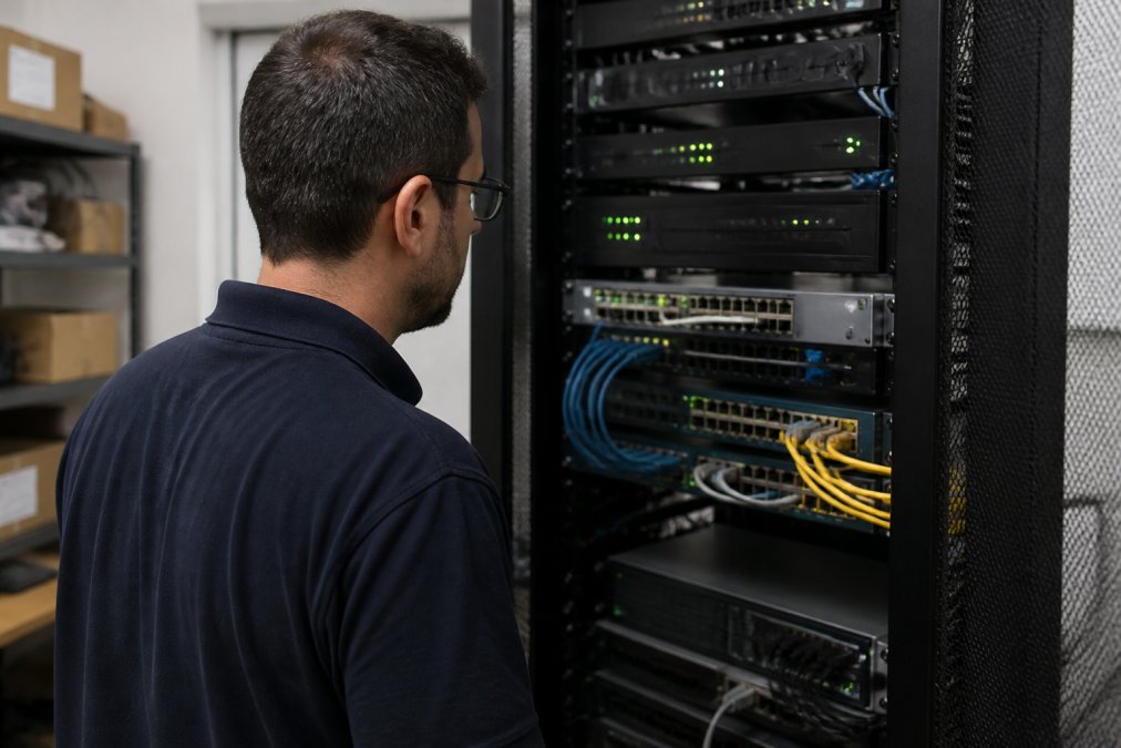 IT technician checking blinking status lights on server rack equipment during a network failure