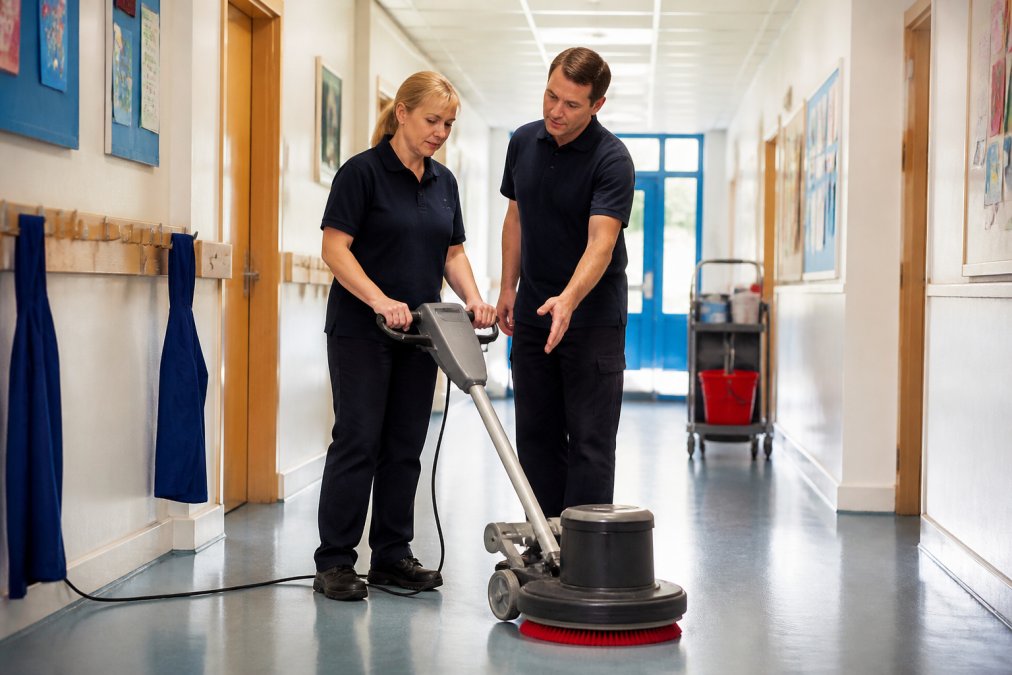 A school cleaner in uniform receiving hands-on training on a floor cleaning machine from a supervisor in a bright school corridor