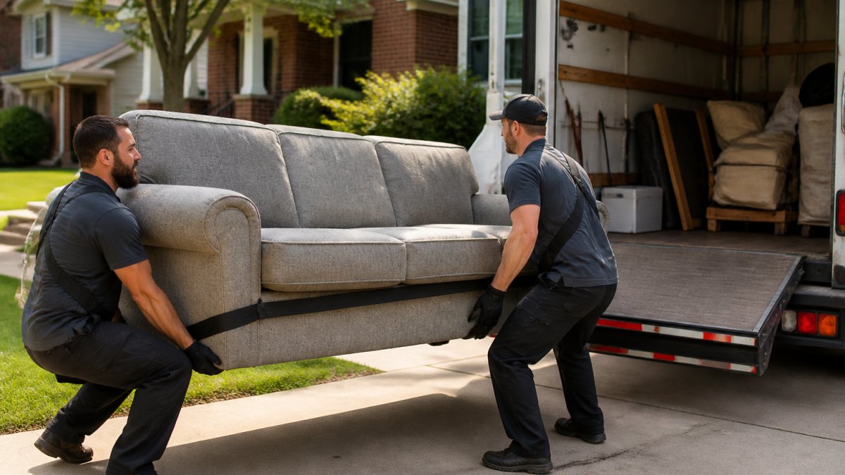Two workers safely lifting a large sofa with proper bent-knee technique, securing it with moving straps onto a truck bed in bright daylight