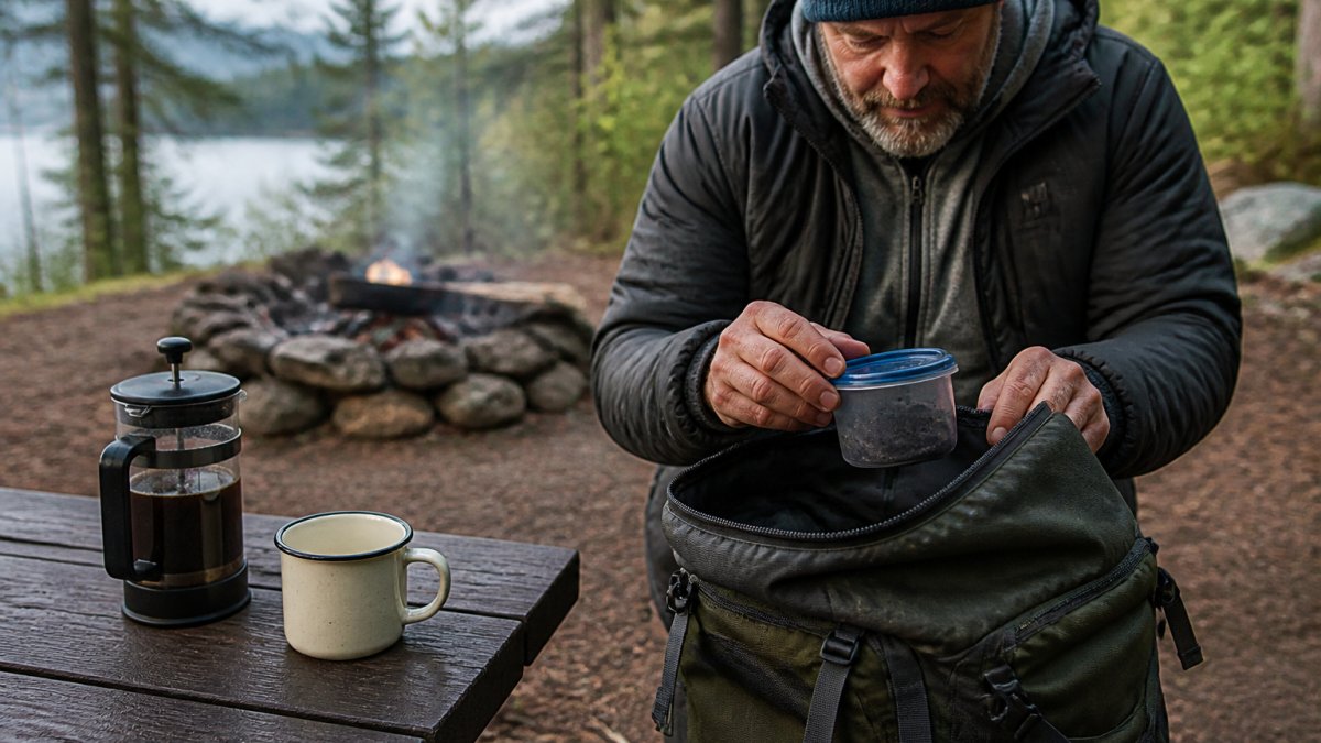 A camper at a campsite sealing a small reusable container filled with wet coffee grounds before placing it into a backpack, with a French press and enamel mug on a nearby camp table
