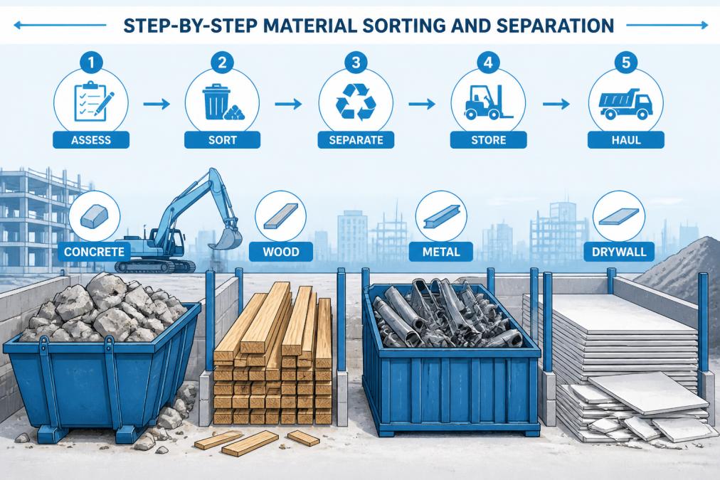 Construction site with organized material separation showing concrete chunks in one bin, wooden lumber stacked separately, metal scrap in a designated container, and drywall in another area, with clear labeling and organized workflow