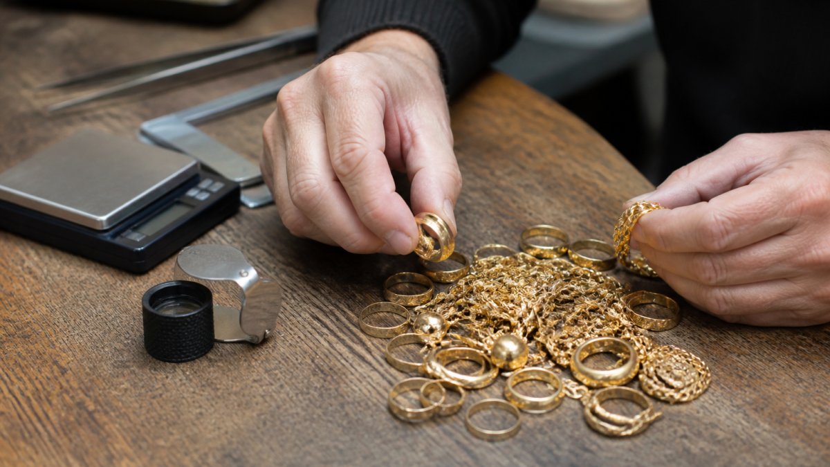 Handen sorteren oude gouden sieraden op een werkbank naast een precisieweegschaal en loep voor recycling
